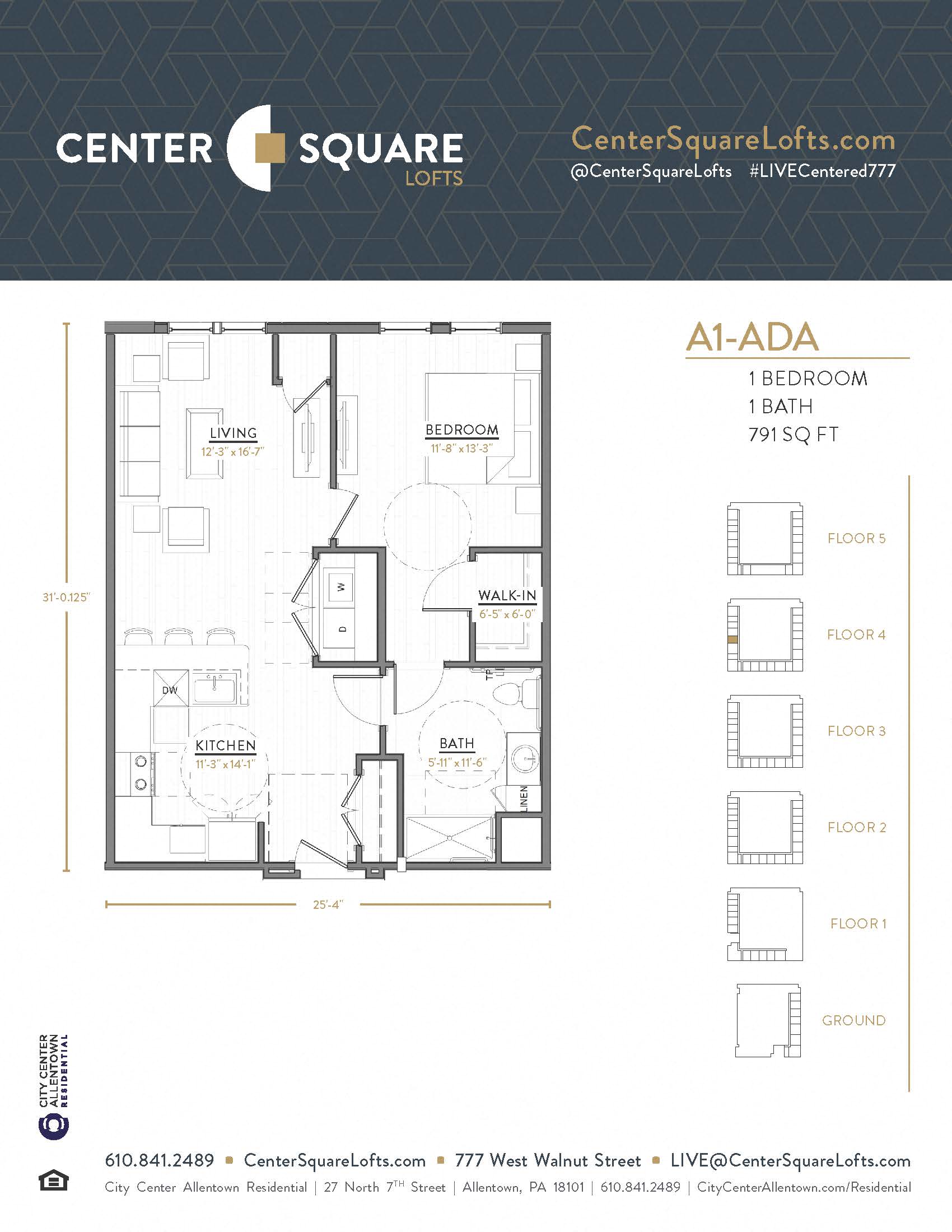 Floor plan for 1 bed, 1 bath, 791 sqft